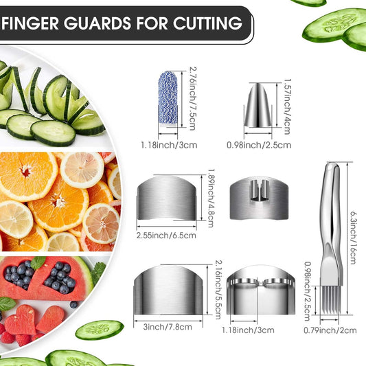 9 Pcs Finger Guard Set for Cutting Includes 4 Stainless Steel Cutting Protector 2 Adjustable Safe Thumb Guard 2 Finger Cot Scallion Cutter Shred Silk Knife to Avoid Hurting When Slicing and Chopping