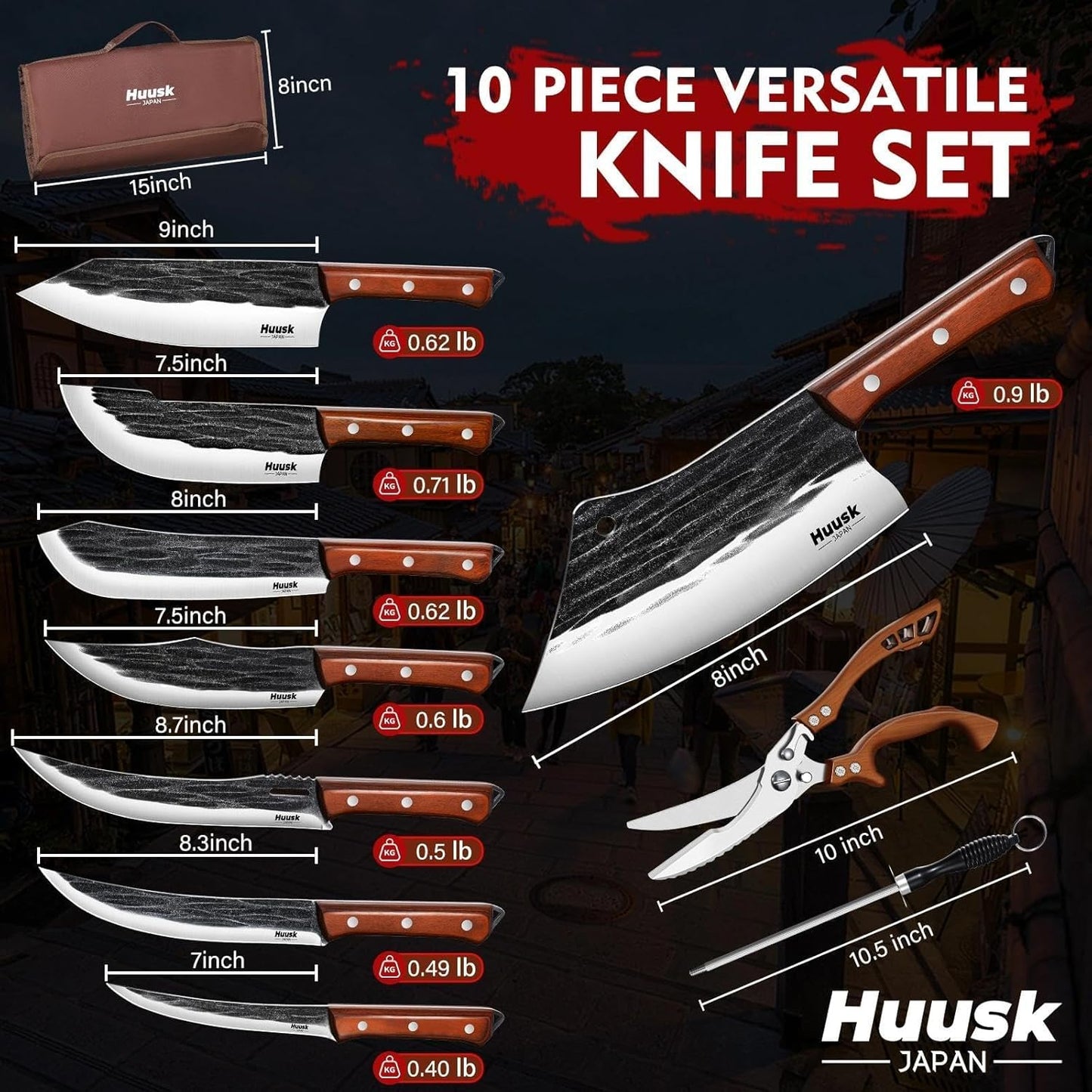Huusk Chef Knife Set 5 PCS with Roll Bag, Gifts for Men and Women | Hand Forged High Carbon Steel Butcher Knife Set with Poultry Shears & Sharpening Rod, Cooking Knives for Grill BBQ Camping