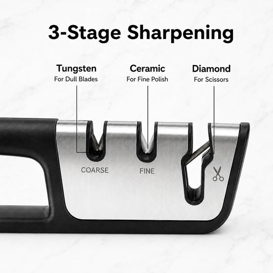 Premium 3-in-1 Knife and Scissors Sharpener, Professional Manual Kitchen Blade Sharpening Tool with Tungsten Ceramic Diamond Abrasives, Ergonomic Handle, Black