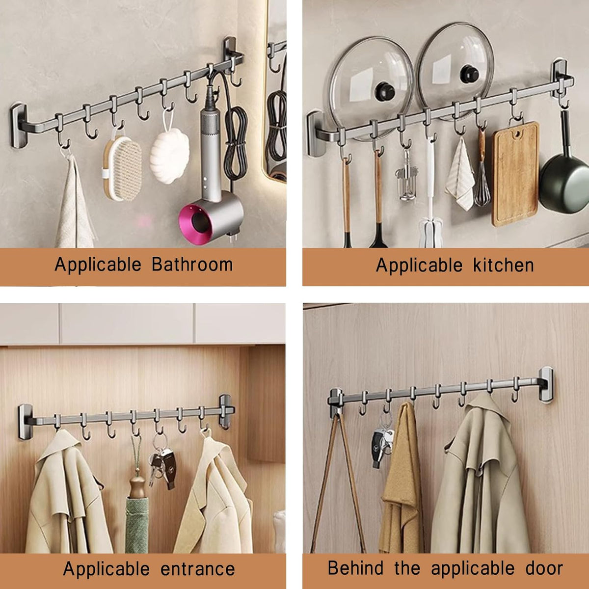Rail Rack Organizer Self Adhesive Kitchen Utensil Rack Aluminum Wall Mounted Hanging Rail 8 Removable Hooks Pots Pans Spoons Knives,Black,45cm
