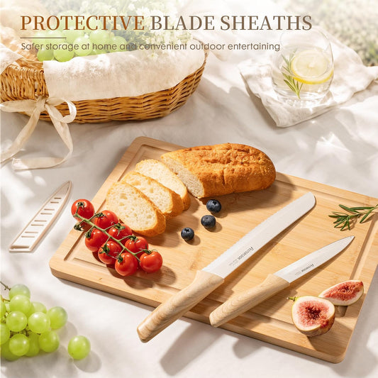 Knife Set, 13 Pieces Kitchen Knives Set with Ceramic Coating, Stainless Steel Chef Knife Sets with 6 Blade Guards, Dishwasher Safe Knives with Wood Grain Handle, Elegant White