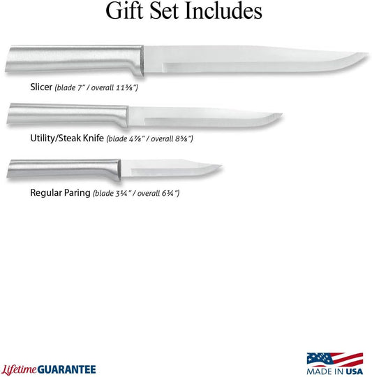 Housewarming Gift Set (S02), Silver Handle | 3-Piece Knife Set , Stainless Steel Blade, Silver Cast Aluminum Handle