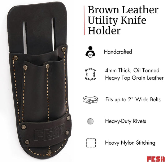 Leather Utility Knife Pouch - Top Grain Leather Knife Pouch for Belt with 2 Pen/Pencil Pockets & Heavy Duty Reinforced Rivets - Fits Belts up to 2" - Handcrafted