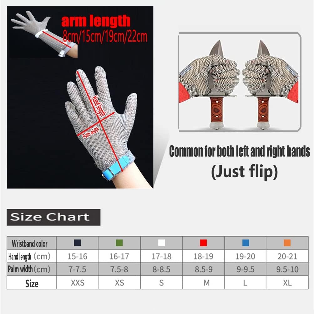 Anti-Cut Gloves Stainless Steel Cut Resistant Gloves, Food Grade Safety Work Chainmail, Lengthened Arms(Arm 8cm,1PCS/XS)