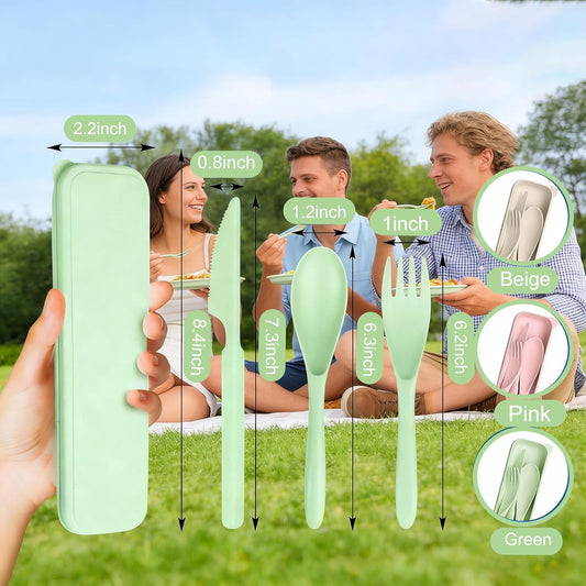 2Pack Wheat Straw Utensil Set, BPA Free Reusable Fork Spoon Knife with Case | 2 pack beige green wheat straw cutlery set with fork spoon knife, BPA-free portable case for camping picnic office
