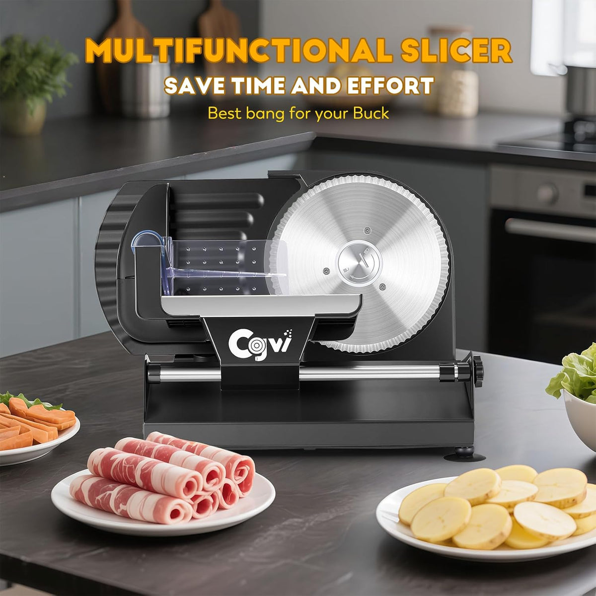 Meat Slicer, 220W Electric Deil Food Slicer with 2 Removable 7.5" Blades, 4/5" Adjustable Thickness, Food Slicer Machine for Home Cutting Meat Cheese Bread Vegetables, 110V CE