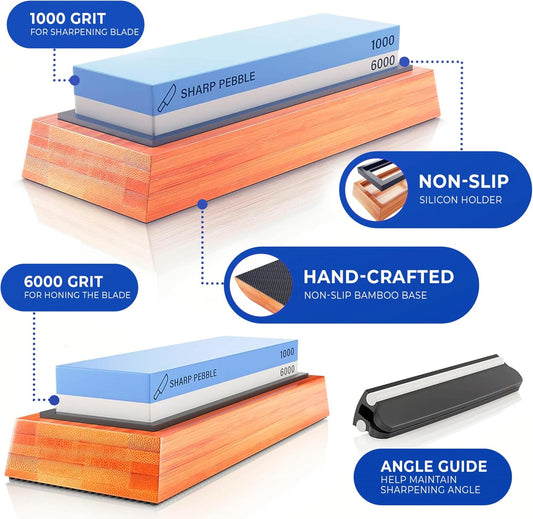 Whetstone Knife Sharpener – 1000/6000 Grit Sharpening Stone | Angle Guide for Foolproof Results – Wet Stone Sharpener & Honing Kit with Non-Slip Bamboo Base- Guided Beginner Instructions