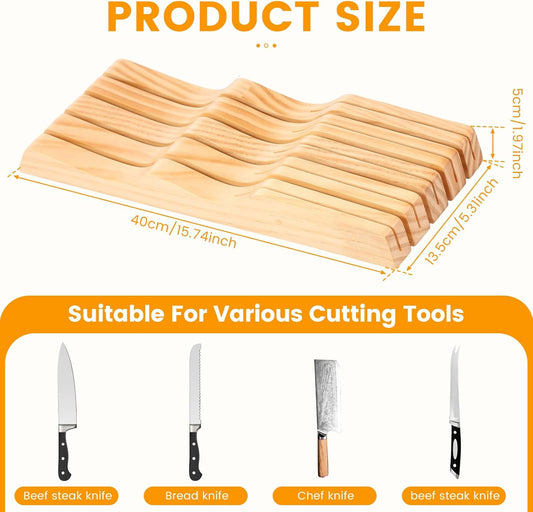 Knife Block Holder Organizer, Compatible Compact Knife Drawer Organizer, Sturdy Versatile Meat Cutting Tool Holder for Putting Tool, Fits Most Knifes Sizes, Bamboo In-Drawer Block Set(5 pieces)