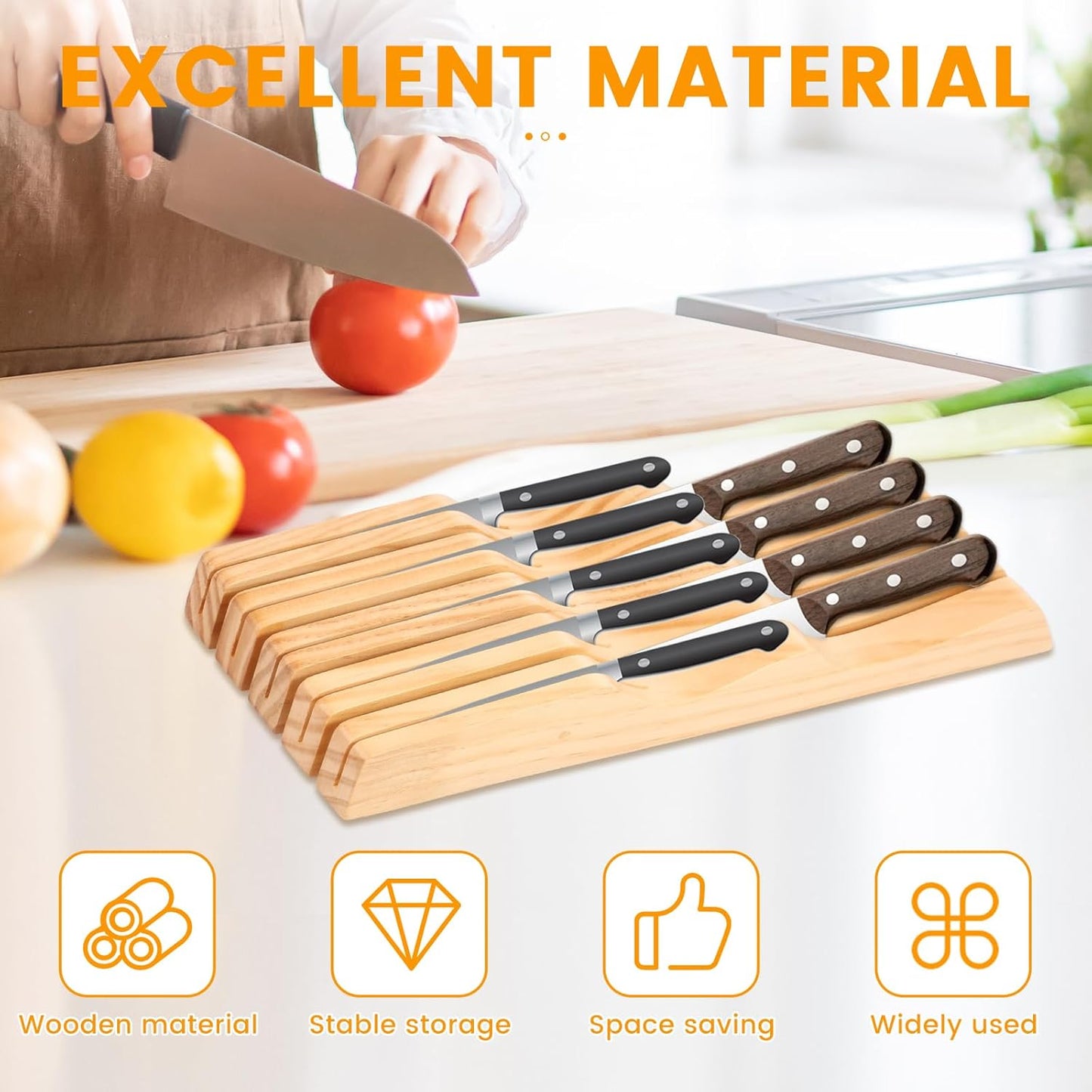 Knife Block Holder Organizer, Compatible Compact Knife Drawer Organizer, Sturdy Versatile Meat Cutting Tool Holder for Putting Tool, Fits Most Knifes Sizes, Bamboo In-Drawer Block Set(5 pieces)