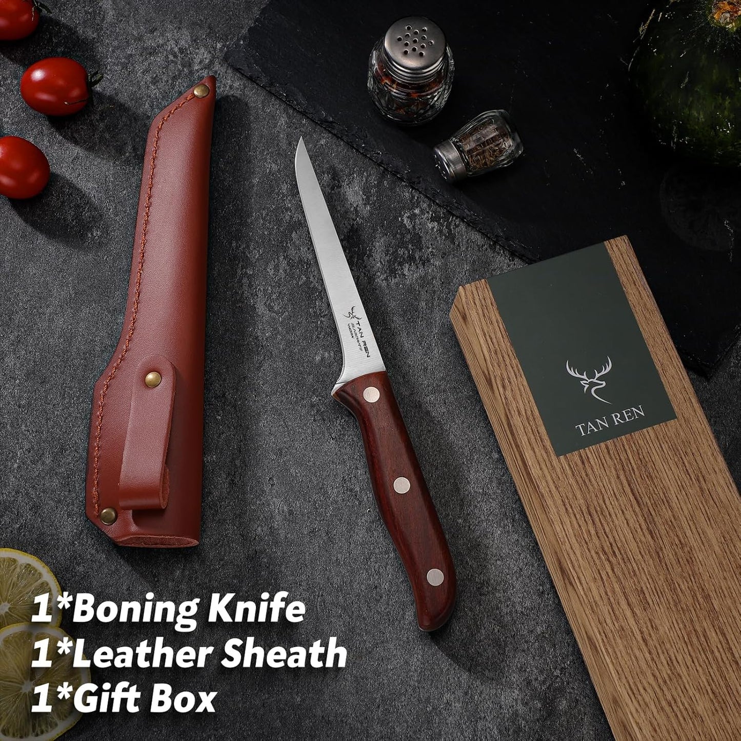 TAN REN Boning Knife for Meat Cutting, 5 Inch Brisket Trimming Knife | Stainless Boning Knives with Sheath, Meat Trimming Butcher Knife, Flexible Carving Knife for Meat