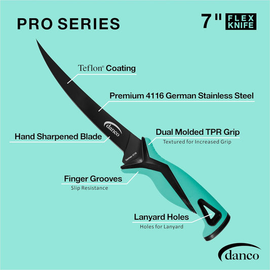 danco Pro Series 7-Inch Fillet Knife with German Steel Blade and Sheath | Pro Series 7-Inch Fillet Knife, Full Tang German G4116 Stainless Steel Blade, Teflon Coating, TPR Grip, Molded Nylon Sheath