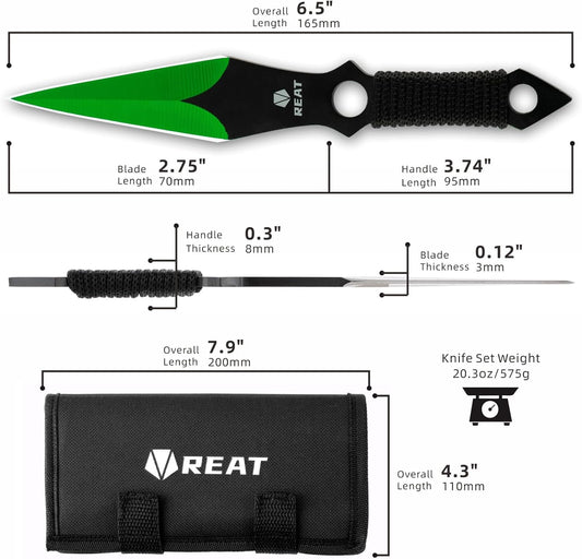 REAT Throwing Knives - 12 Piece, 6.5" 440 Stainless Steel with Cord-Wrapped Handle, Includes Nylon Carrying Case for Safe Storage,Ninja Kunai Knives for Competition,Recreation,Gifts for Men,Women (Green)