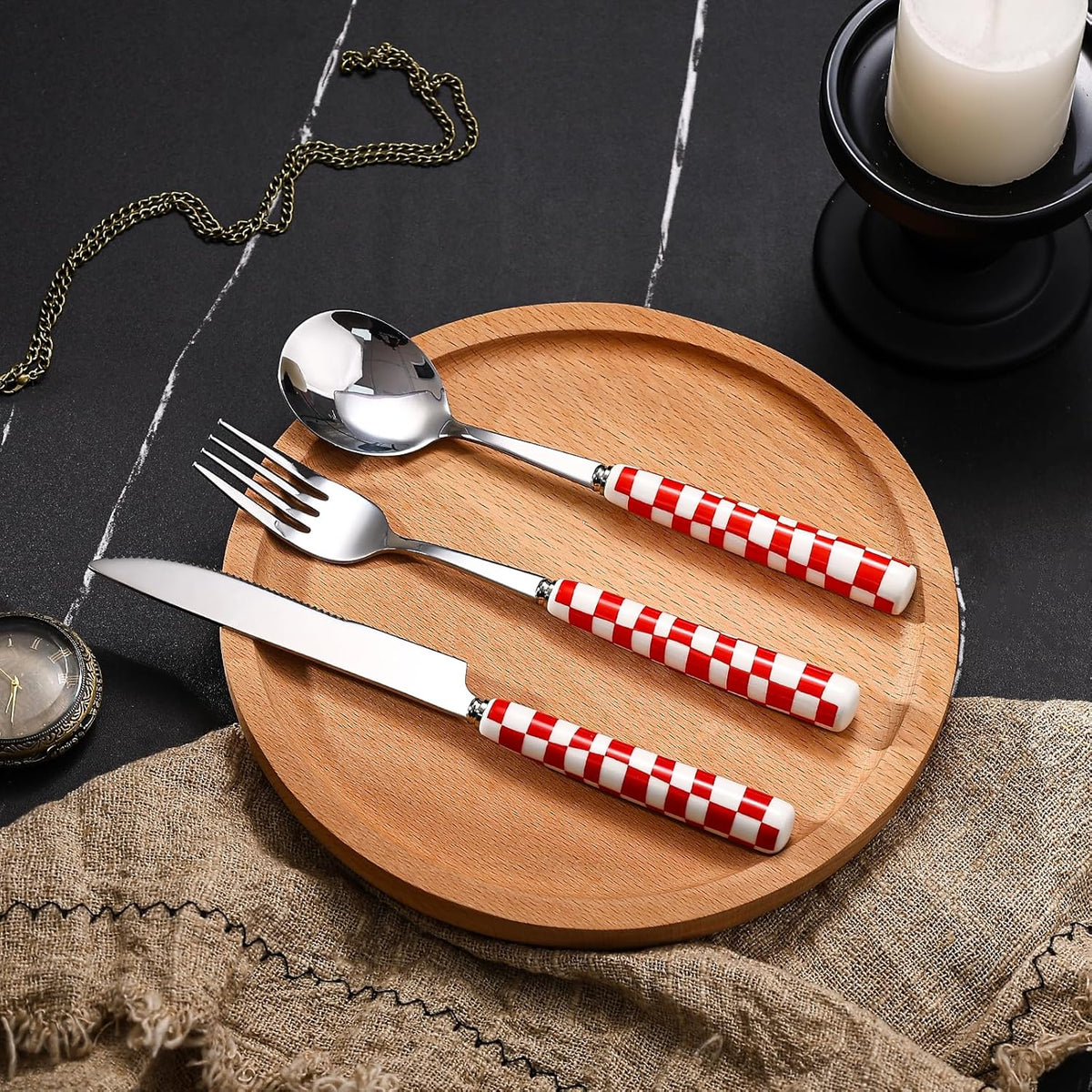 3-Piece Yellow Check Stainless Steel Flatware Set | Yellow Plaid Grip Three-Piece Utensil Set; Bright Kitchen Table Matching Cutlery