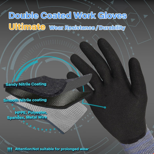 A9 Cut Resistant Work Gloves, 3/4 Double-Dipped Coating, PM3202, M | Level 5 Abrasion, Level 4 Puncture Resistant, 3/4 Water & Oil Proof, Strong Grip, 18 Gauge, Touchscreen, Durable, Heavy Duty