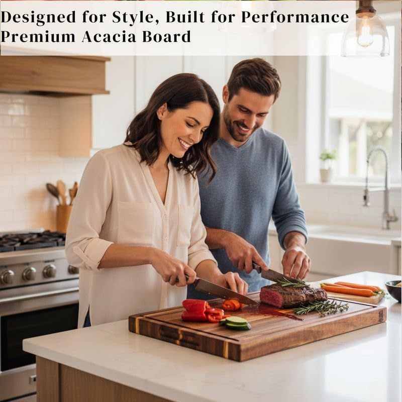 Premium Acacia Wood Butcher Block Cutting Board, 14" x 10" x 1.5" Thick Edge Grain with Deep Juice Groove, Solid Hardwood Serving Platter, Non-Toxic & BPA Free by New M Way