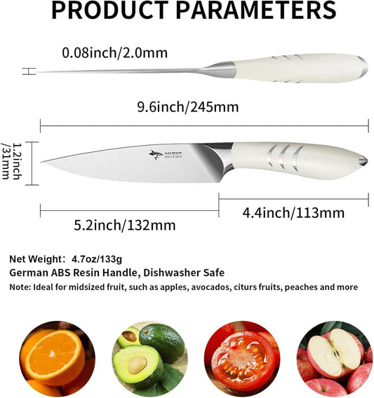 Utility Kitchen Knife 5 Inch Paring Knife, Razor Sharp Fruit Petty Knife with Gift Box, Ideal for Slicing, Chopping, Dicing and Coring, White