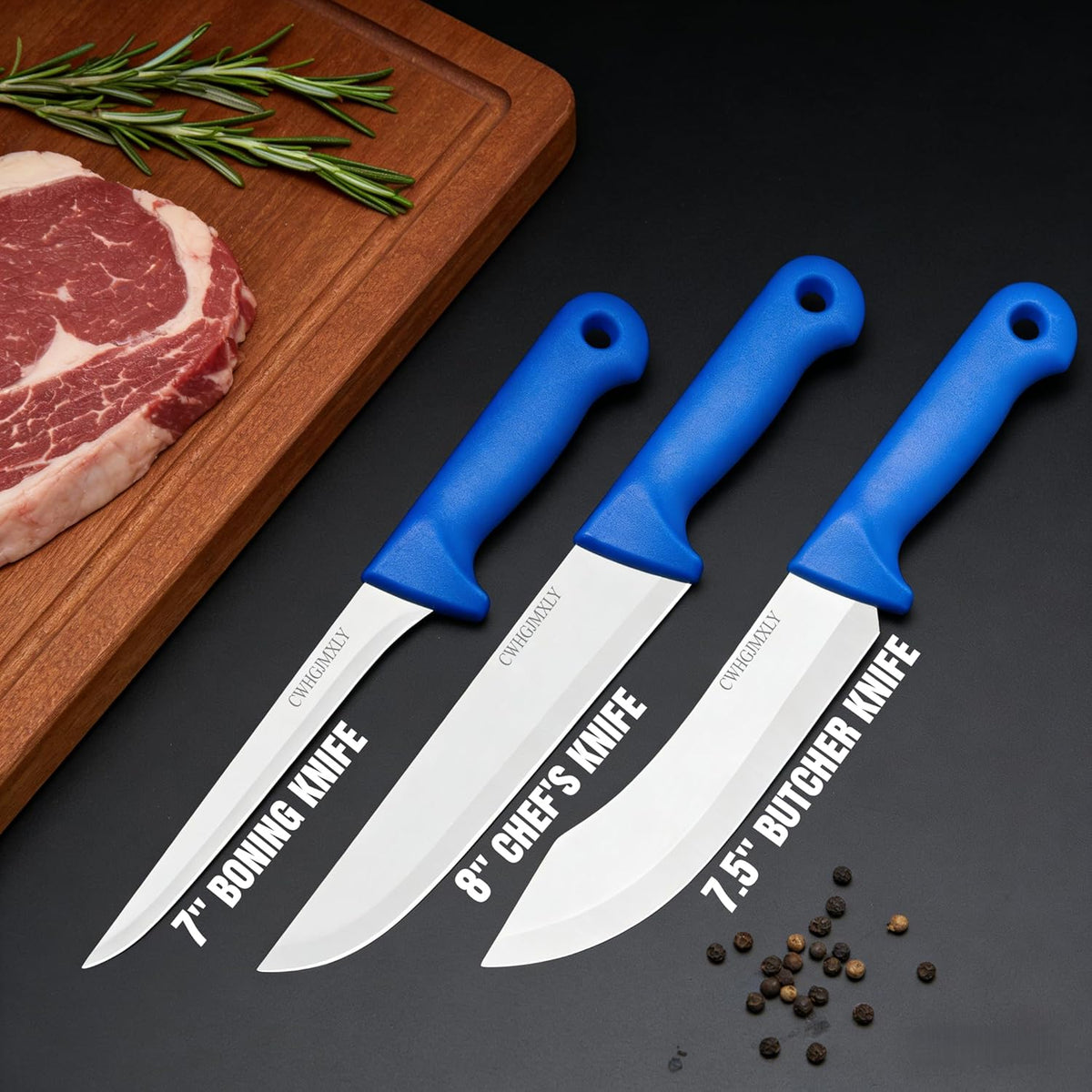 3-Piece Butcher Knife Set - 8" Chef Knife & 7.5" Butcher Knife, 7" Boning Knife | Non-Slip Blue Handle, High Chromium Stainless Steel | Ideal For Meat Processing, Durable, Gift For Men