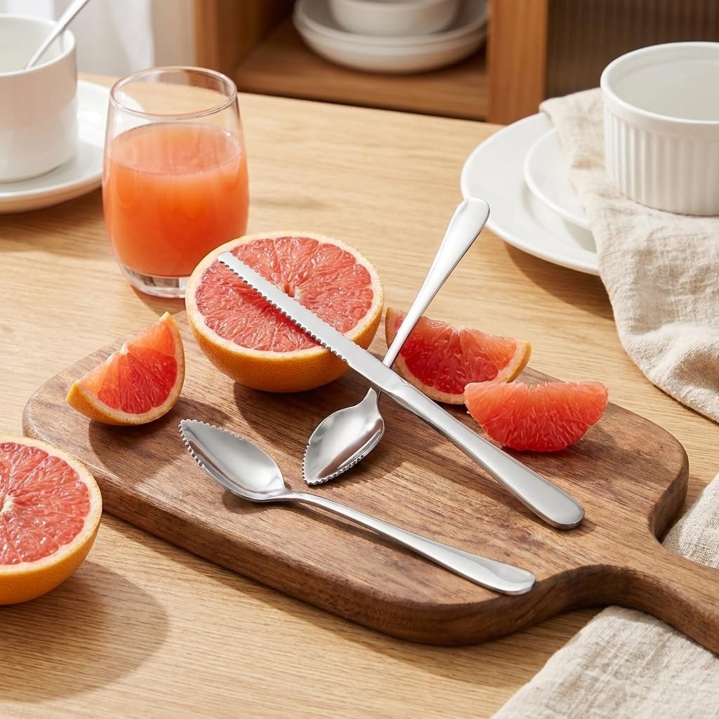 3 Pcs Grapefruit Spoon & Knife Set Stainless Steel Grapefruit Spoons with Serrated Edge Fruit Knife Grapefruit Utensils Tool for Citrus, Kiwi,Dessert, Avocado & More