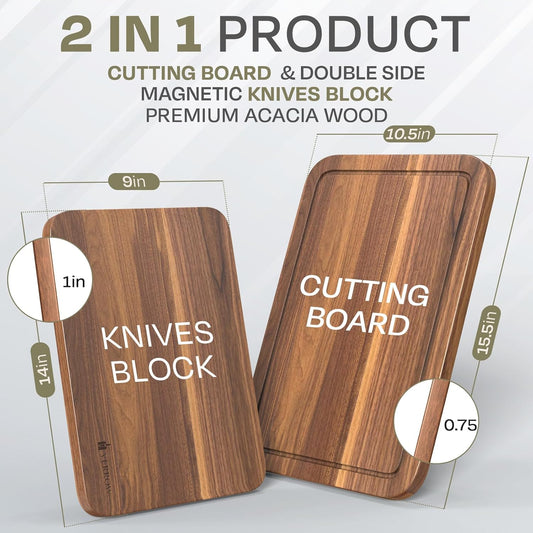 Magnetic Knife Block Countertop and Acacia Wood Chopping Board, Extra Large | 15.5x10.5x0.75In | Wooden Magnetic Knife Holder Block Set with Cutting Board for Kitchen Counter | Magnet Knives Stand
