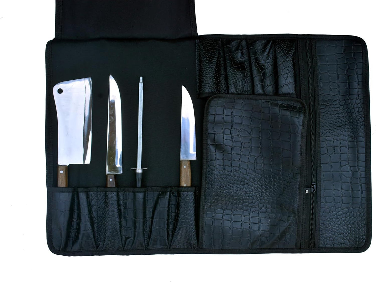 Gorgeous Leather Croc Pattern Premium Leather Chef Knife Roll Bag. Professional Grade Lovely Gift for Chefs Hunting Knives and Home Storage