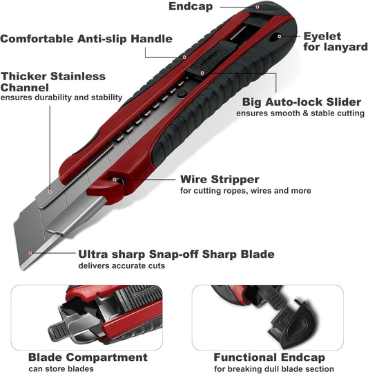 Heavy Duty Utility Knife Set 25mm Retractable Box Cutter with Auto-Lock, 11 Blades, Snap-Off Blade and Cable Slicing Slot for Warehouse, Construction and DIY 0205