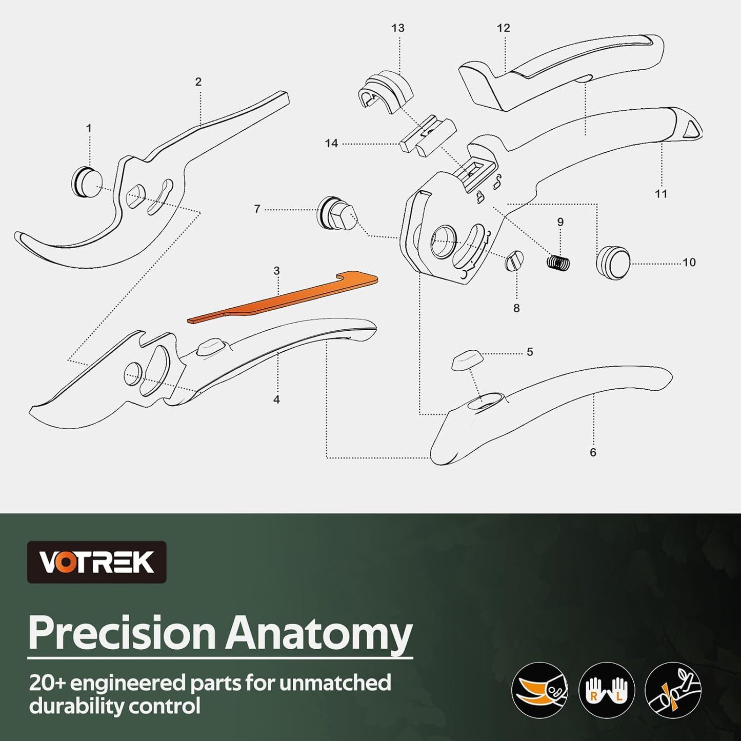 VOTREK® Pruning Shears, Patented Stepless Handle Opening for All Hand Sizes