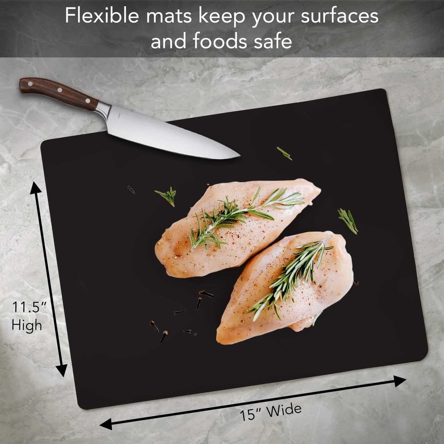 Black Flexible Plastic Cutting Board Mat 2 Pack, 15" x 11.5", Made in the USA, Easily Funnels Foods, Knife Friendly, Easily Wipes Clean