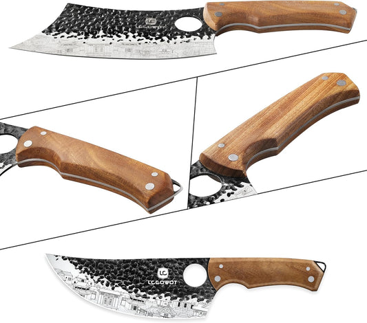 3PCS Butcher Knife Set, includes 7" Butcher Meat Cleaver, 7" Serbian Chef and 6.5" Viking Knife, Stainless Steel Kitchen Knife Set with Wood Handle, Geat for Indoor&Outdoor (Stylish Pattern)