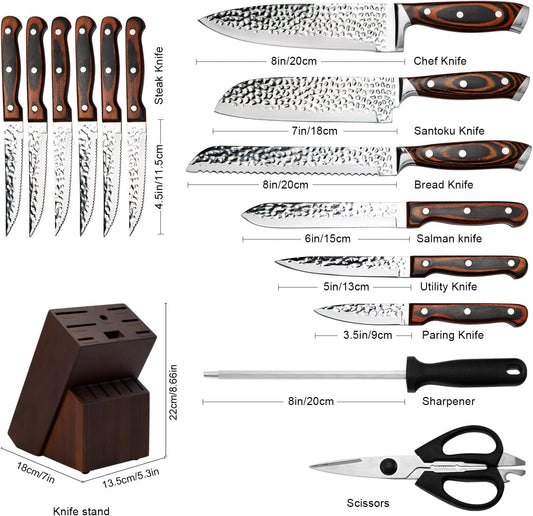 Kitchen Knife Sets with Block, 15-Piece High Carbon Stainless Steel Knife Block Set with Sharpener, Ultra-Sharp kitchen knives with Triple Rivet Wood Handle Perfect for Cooking Cut