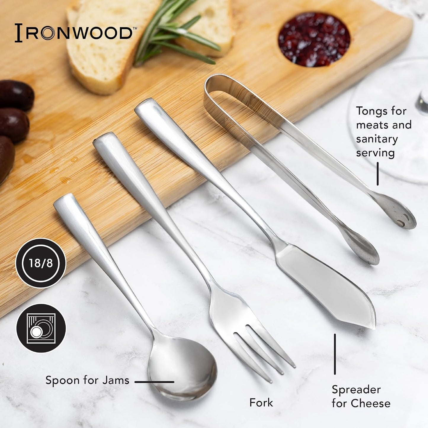 Gourmet Stainless Steel Charcuterie Utensil Set of 8, Includes Forks, Knives/Spreaders, Spoons, Tongs