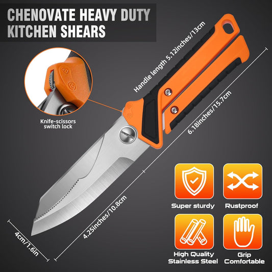 Chenovate® Heavy Duty Kitchen Scissors,Kitchen Shears with Knife & Scissor Switch Lock,Food Scissors Fit for Poultry Bones,Turkey,Meat Cutting,Veggies,Fish,Pizza (orange)
