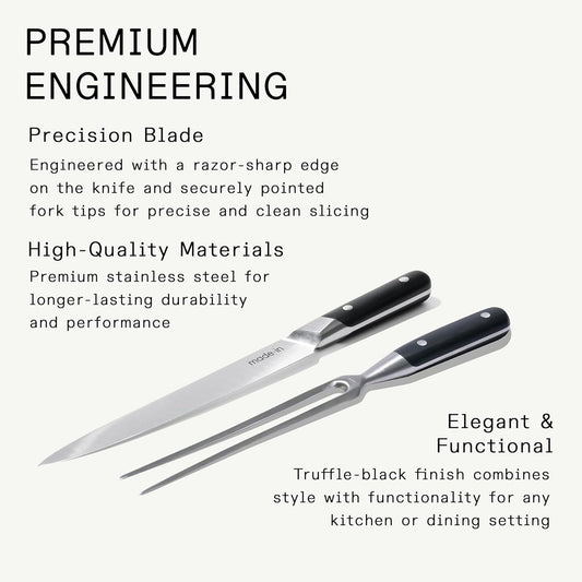 Cookware - Carving Set (Includes Carving Knife and Fork) - Crafted in France - Full Tang with Black POM Handle