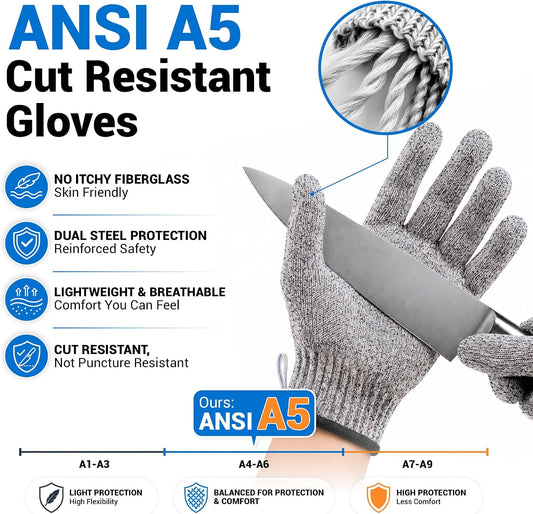 Cut Resistant Gloves Food Grade, ANSI A5 Kitchen Safety Gloves for Meat Cutting, Mandoline Slicer, Oyster Shucking, Wood Carving, Fish Fillet & Butcher, Grey (Large)