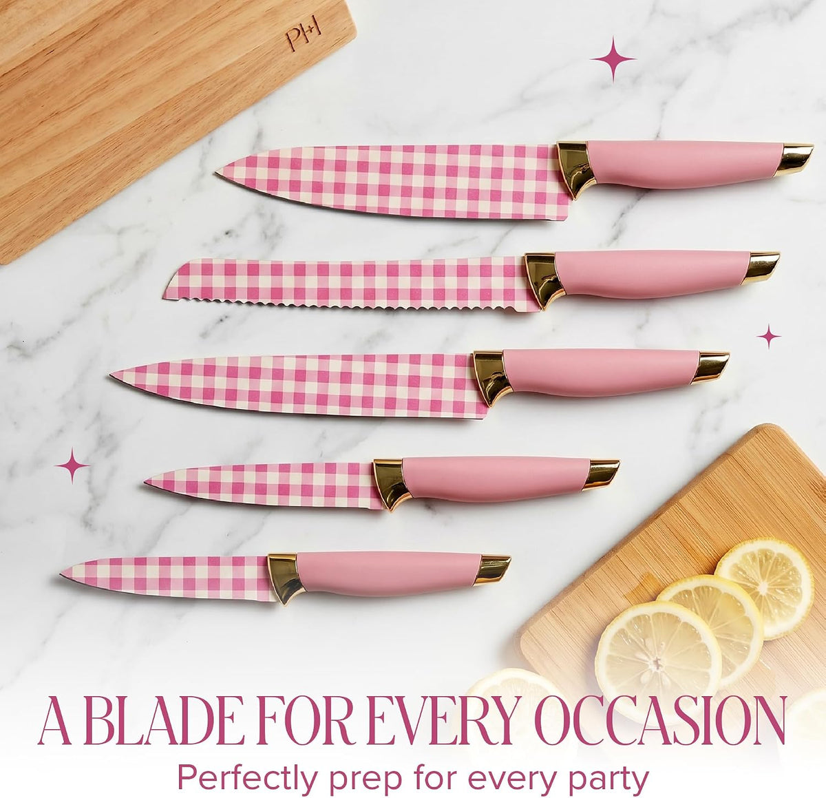 Paris Hilton Knife Block Set with Magnetic Wooden Knife Block, High Carbon Stainless Steel Blades with Titanium Coating, Sleek Comfortable Grip Handles, 6-Piece Set, Pink and Gold