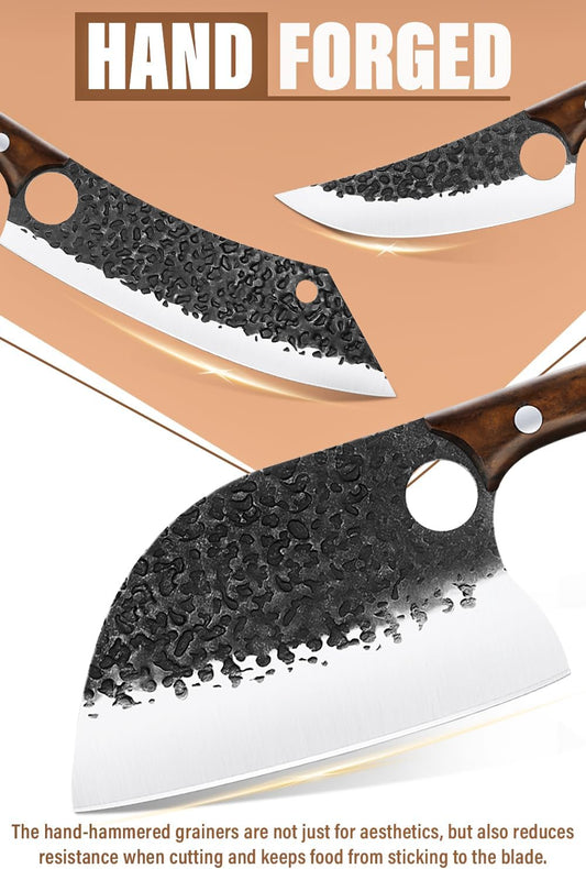 Butcher Knife Set - 9 Pcs Chef Knife Set with Bag | Hand Forged Blade, Wooden Handle, Includes Meat Cleaver Boning Viking, Includes Bag