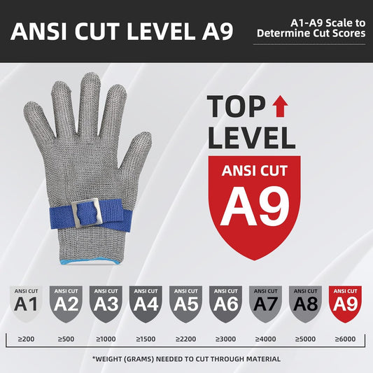 ANSI A9 Cut Resistant Glove,Stainless Steel Mesh Metal Glove,Food Grade for Kitchen Cooking, Butcher Meat Cutting, Oyster Shucking, Mandoline, Fishing,L,1pcs
