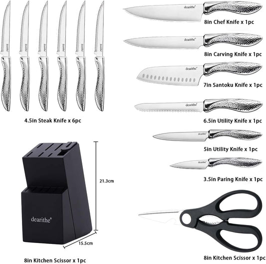 14 Piece Knife Block Set with Built-in Sharpener,Scissors | High Carbon Stainless Stee Kitchen Knife Set, Hammered Pattern Hollowed Handle Design