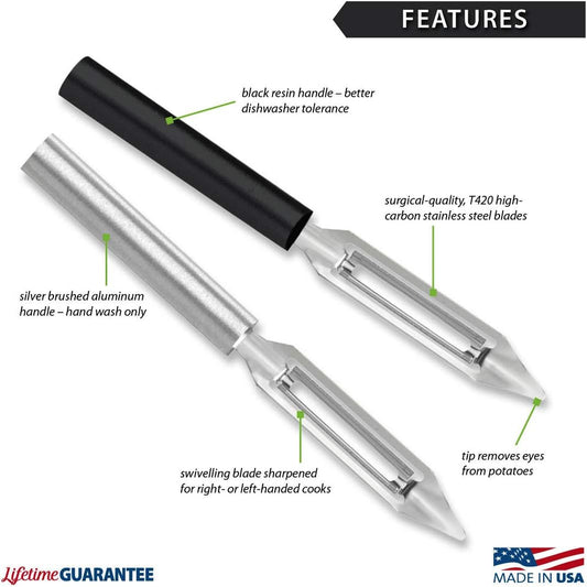 Vegetable Peeler (R132), Silver Handle | 1.75" Stainless Steel Swiveling Blade, Silver Cast Aluminum Handle