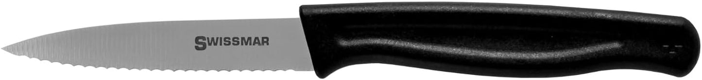 Swissmar Serrated Paring Knife – 3.5" German Stainless Steel Blade – Swiss Made Precision – Black Polypropylene No-Gap Handle – For Fruits, Vegetables & More – Sharp, Sleek & Dishwasher Safe
