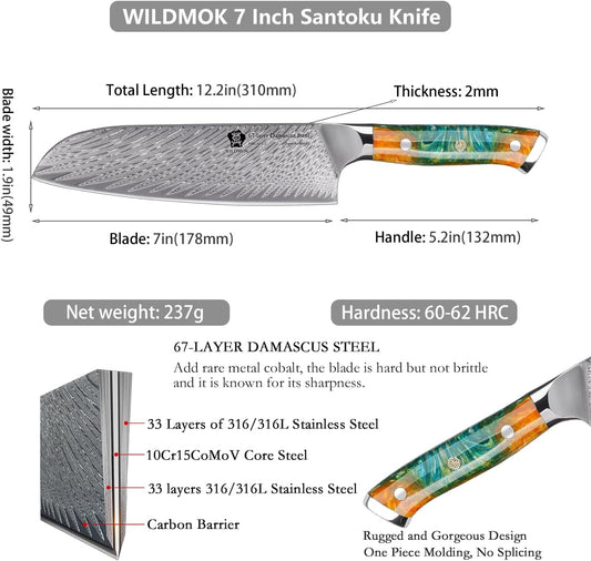 Santoku Knife 7 Inch kitchen knife, Ultra Sharp with Japanese Damascus Forged Santoku Knife, Ergonomic Resin Handle, cooking gifts with gift box
