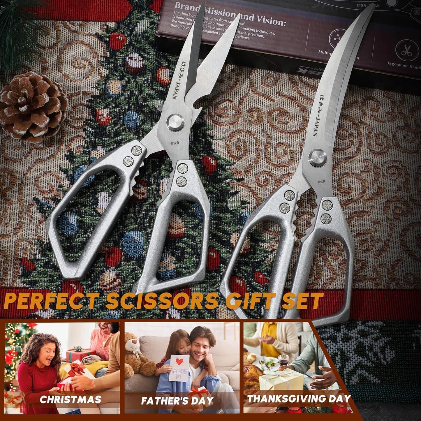 Huusk Kitchen Scissors for Food - Multifunction Kitchen Shears Heavy Duty | Japanese Stainless Steel Meat Scissors for Fish, Vegetables, Chicken Bones, Turkey, Comfortable Handles, Gifts for Women