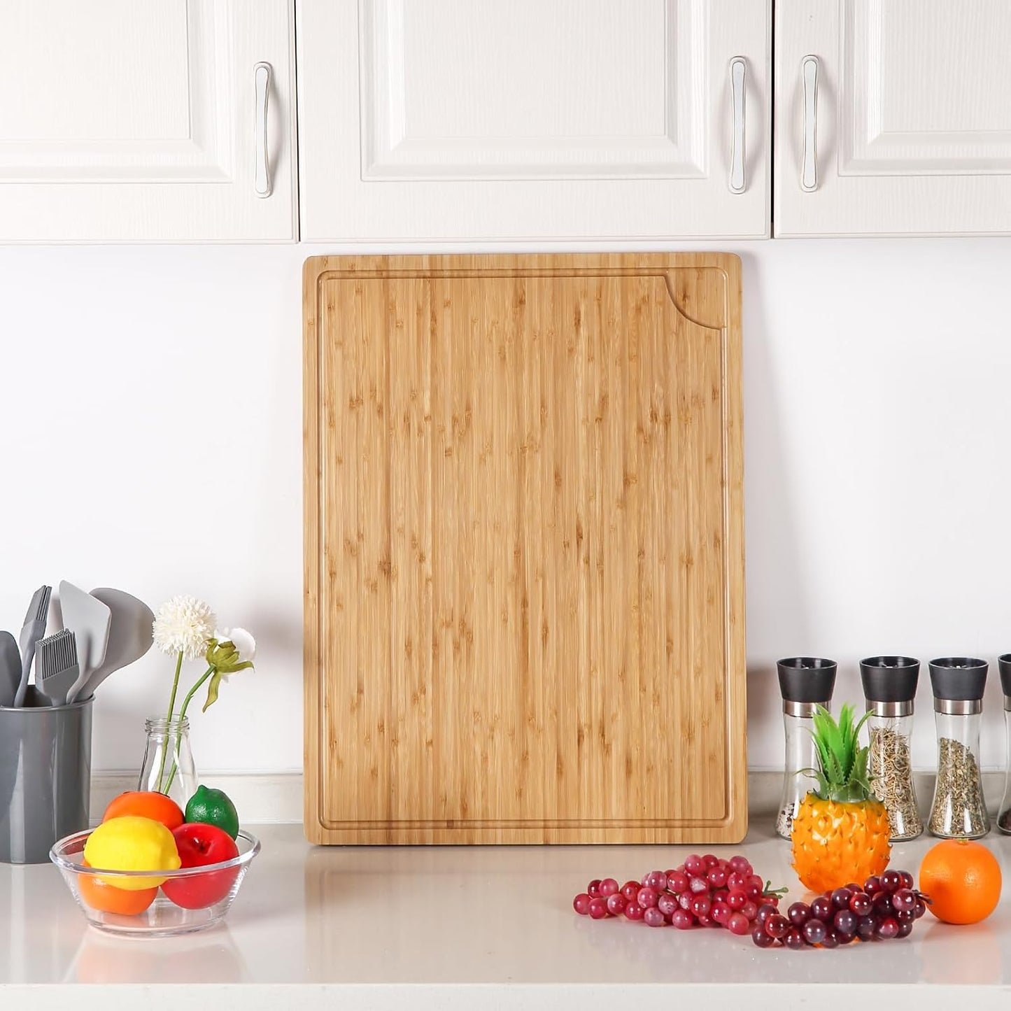 Extra Large 100% Organic Bamboo Cutting Board, 24x18 Inch Over the Sink Chopping Board/Carving Board with Handle and Juice Groove for Turkey, Meat, Vegetables, BBQ