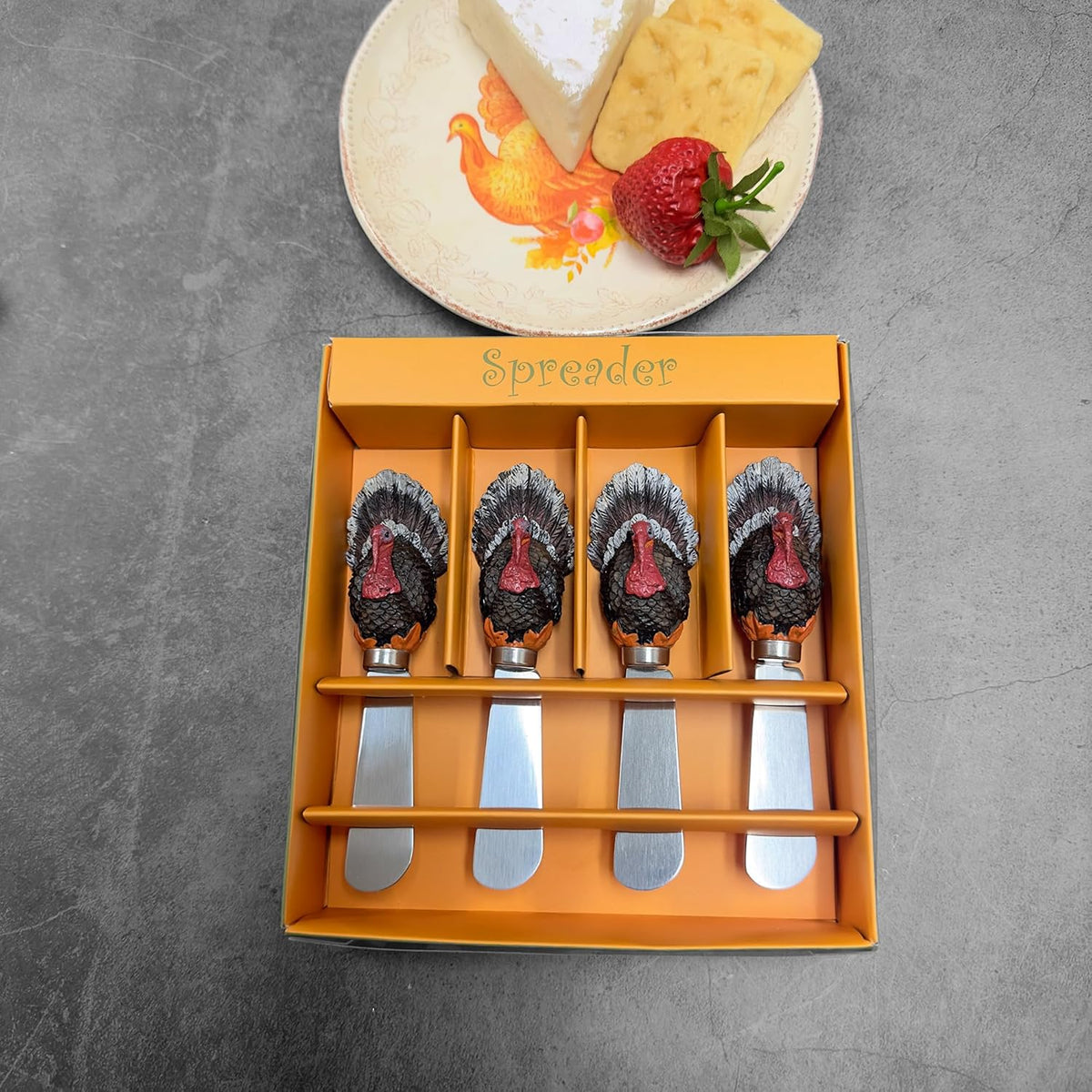 Harvest Cheese Spreaders, Hand-Painted Resin Handles with Stainless Steel Blades for Spreading Cream Cheese, Butter, and Jam, Assorted Thanksgiving Designs, Set of 4