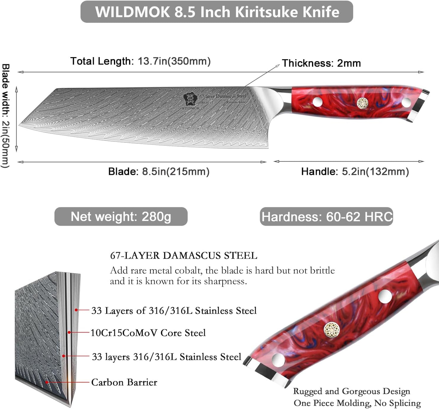 Kiritsuke Knife, 8.5 inch Japanese Damascus Steel Kitchen Knife, Resin Handle Chef's Knife, Premium Damascus Steel Kitchen Cooking Knife with Gift Box
