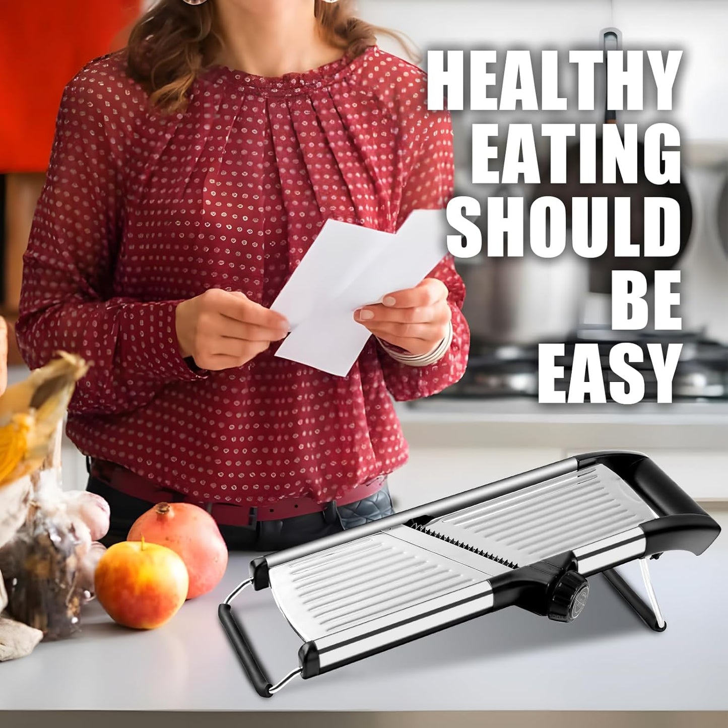 Mandoline Slicer for Kitchen, Adjustable Vegetable Slicer | Adjustable stainless steel blade slices potato, onion and tomato evenly; food holder and gloves help make kitchen prep safer.