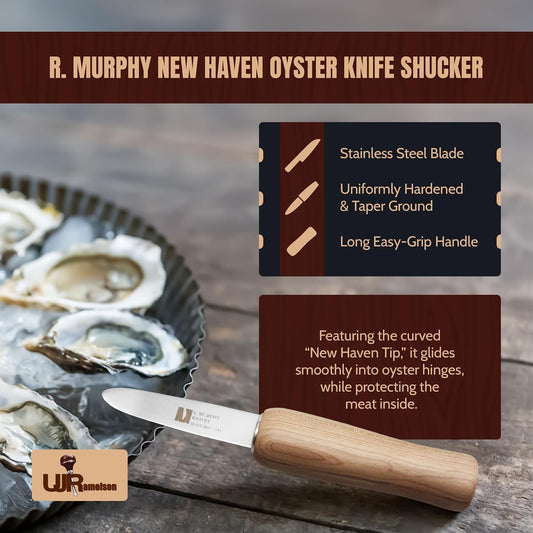 R Murphy/Ramelson New Haven Oyster Shucking Knife, Shucker Tool Opener, Curved Bent Tip, Wood Handle, Stainless Steel Blade, Made in USA, Regular