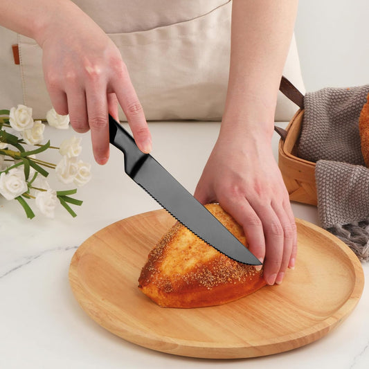 Black Steak Knife Sets, 6-Pieces Stainless Steel Kitchen Steak Knives-Easy to Clean and Non-Stick, 8.6 Inch, Dishwasher Safe
