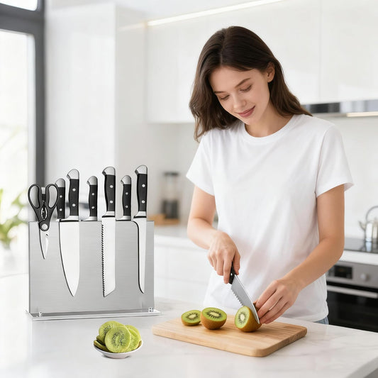 Magnetic Knife Holder, Stainless Steel Magnetic Knife Block with Sharpener, Double Sided Strong Magnet Knife Storage for Kitchen Counter, Anti-movement Suction Cup Base