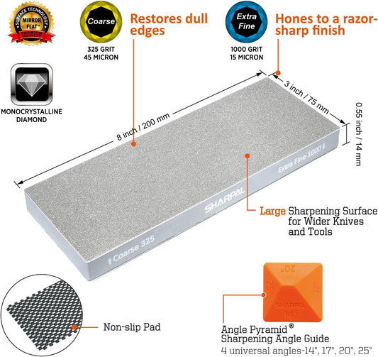 168H Large 8" x 3" Dual-Grit Diamond Sharpening Stone | Coarse 325 & Extra-Fine 1000 Grit Monocrystalline Diamond Whetstone, Knife Sharpener Stone, Anti-Slip Pad & Angle Guide