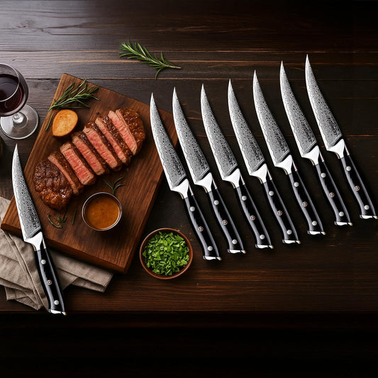 Seido Shujin 8-Piece Damascus Steak Knife Set, 5 Inch G10 Handles | Straight-edge 5 inch steak knives with Damascus steel and ergonomic G10 handles for clean table slicing.